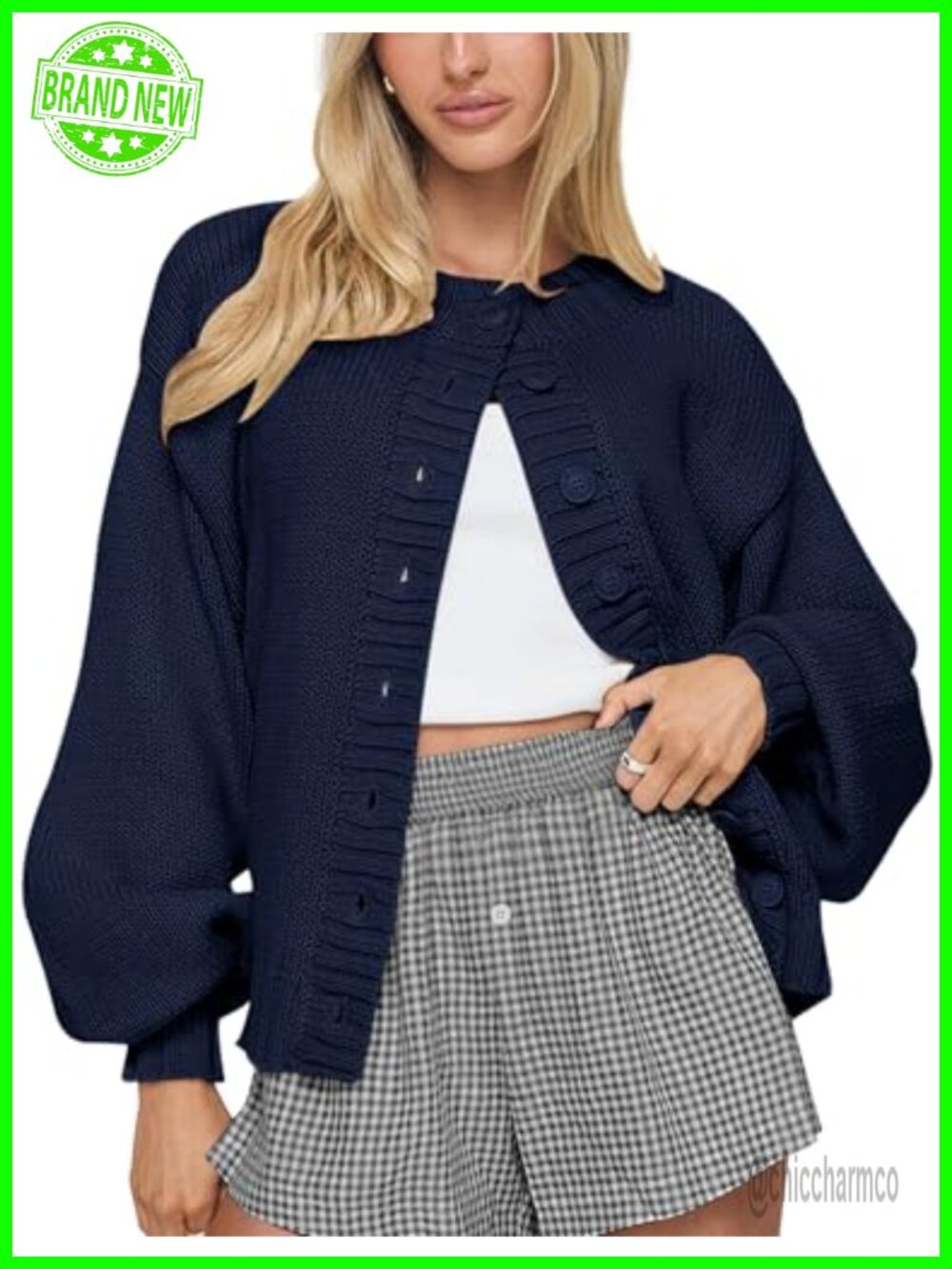 Oversized Chunky Knit Cardigan Button Front Lantern Sleeve Sweater Top